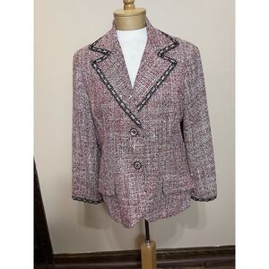 Vintage 90s Austin Reed Silk Blend‎ Tweed Blazer Jacket Pink Black 14 Pockets
